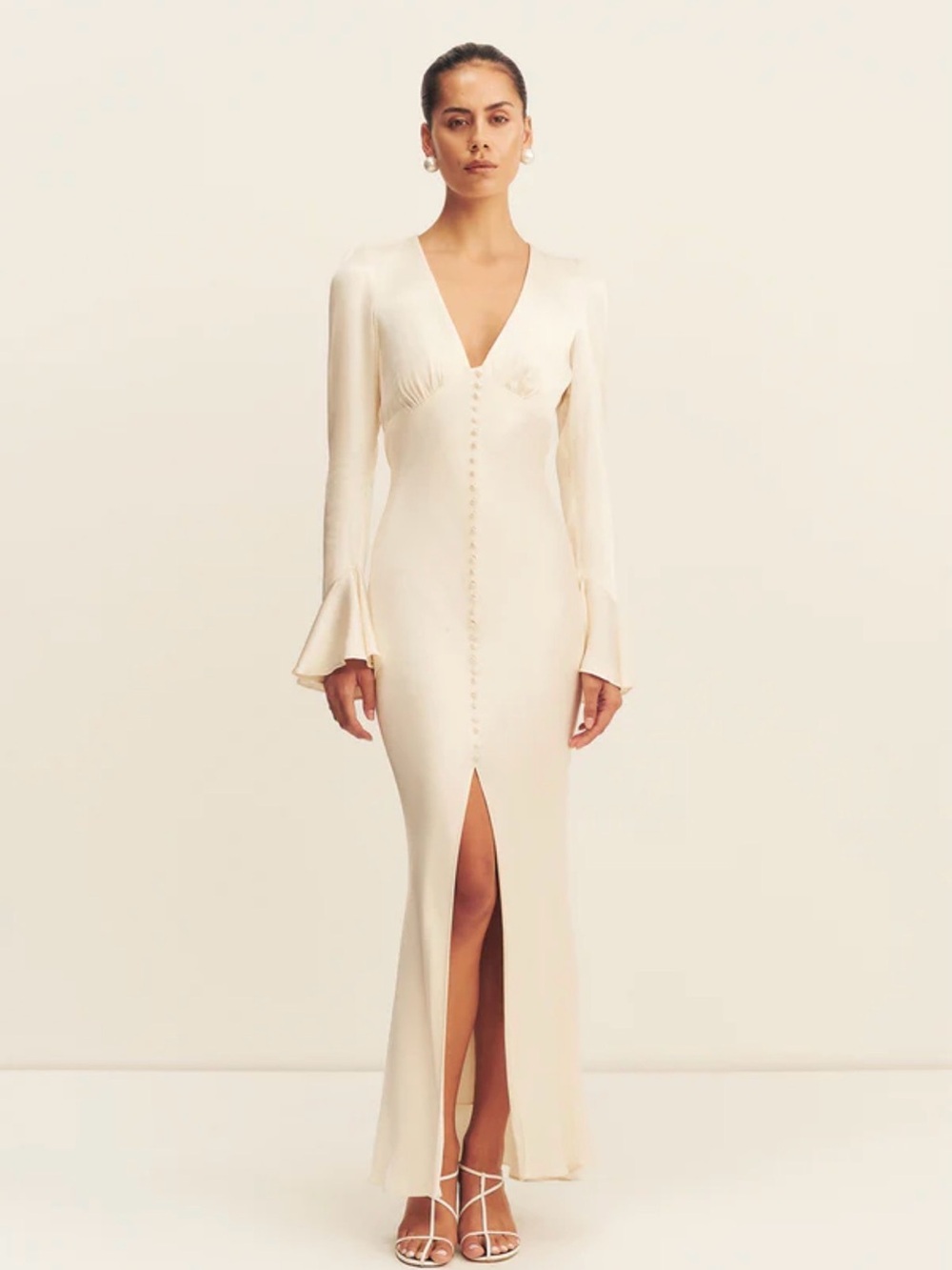 Shona Joy La Lune Frill Cuff Bias Midi Dress in Cream